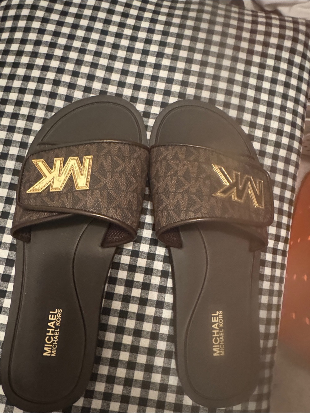 Michael Kors Brown and Gold Monogram Slide Sandals